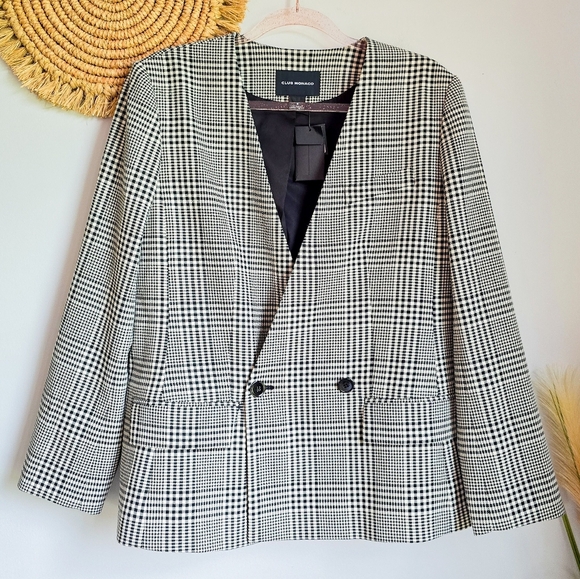 Club Monaco New Black White Plaid Double Breasted Blazer Jacket Womens Sz 14 - Picture 2 of 12